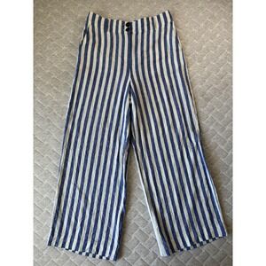 Boden Pants Womens 12 Blue White Striped Linen Wide Leg High Rise Summer Casual